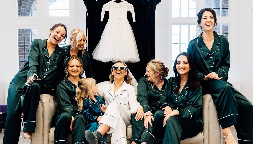 Bridesmaids and bride wearing sunglasses